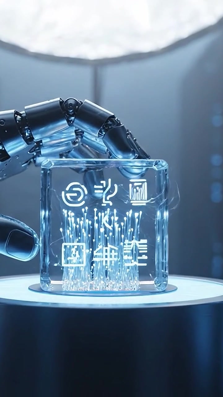 Advanced robotic hand interacting with a luminous cube, showcasing intricate designs and patterns, exemplifying the fusion of technology with art and innovation.