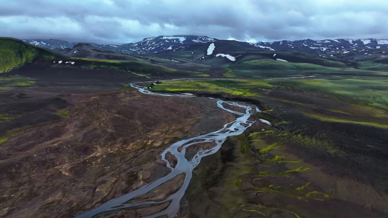 Iceland highlands nature Landmannalaugar, aerial drone above glacier river landscape