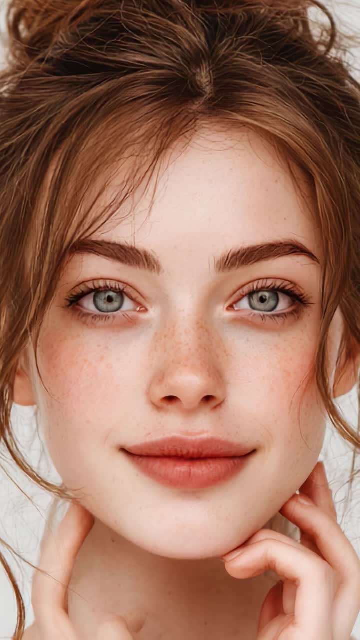 Primo piano accattivante di una giovane donna con occhi azzurri sorprendenti e pelle luminosa, che mette in risalto espressioni delicate e bellezza naturale in un ambiente luminoso