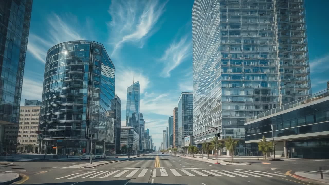 Modern City Street with Skyscrapers and Blue Sky