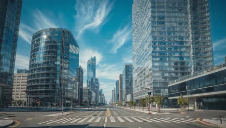 modern city street with skyscrapers and blue sky