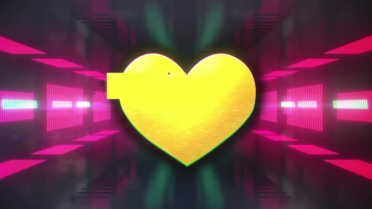 검은 바탕에 터널을 형성하는 조명된 선 위에 깨진 심장 모양의 애니메이션