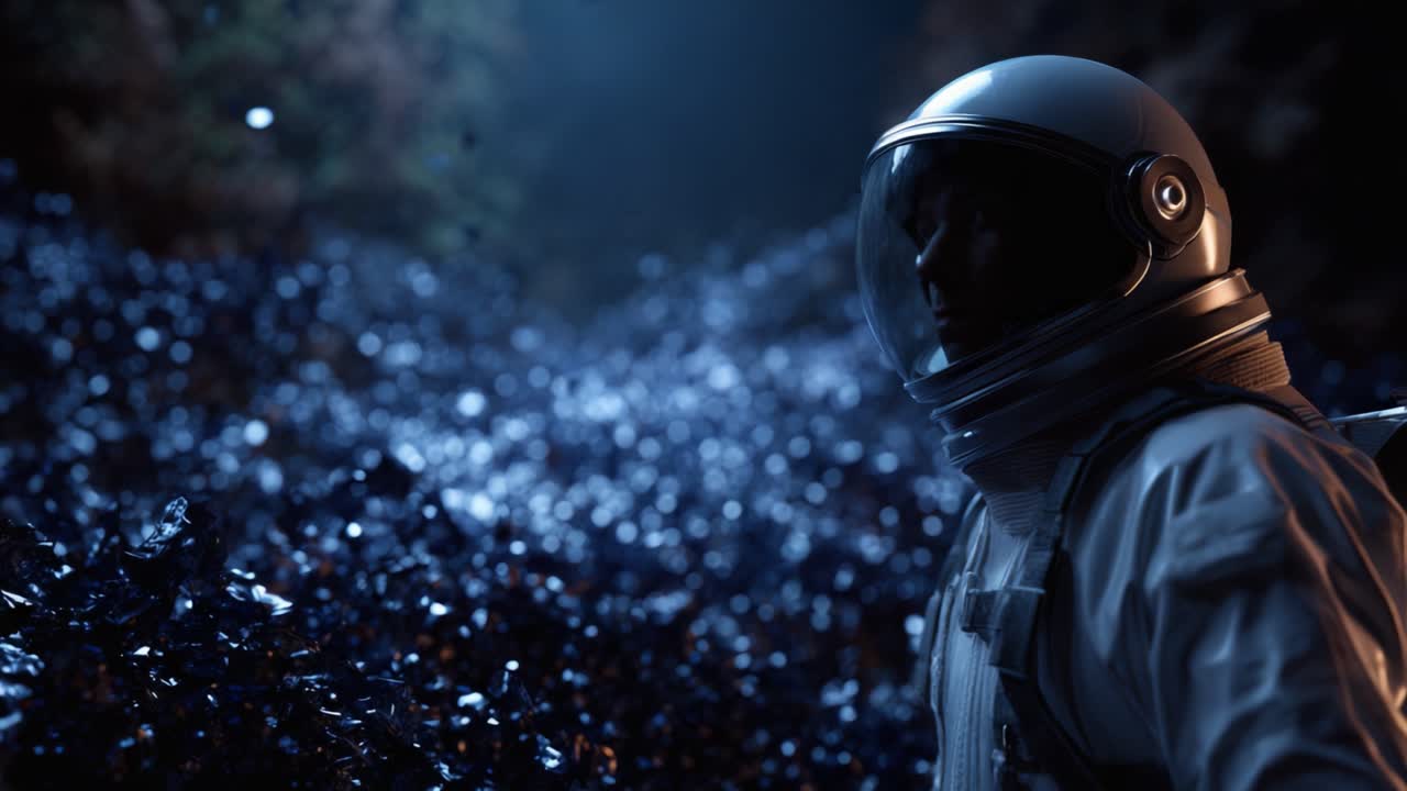 En astronaut står i et mystisk, farverigt rumlandskab fyldt med glitrende blå klipper og udforsker vidundere i et udenjordisk miljø.