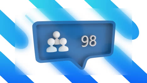 animación de las personas de las redes sociales iconos y números cambiando en burbuja de habla azul y rayas azules