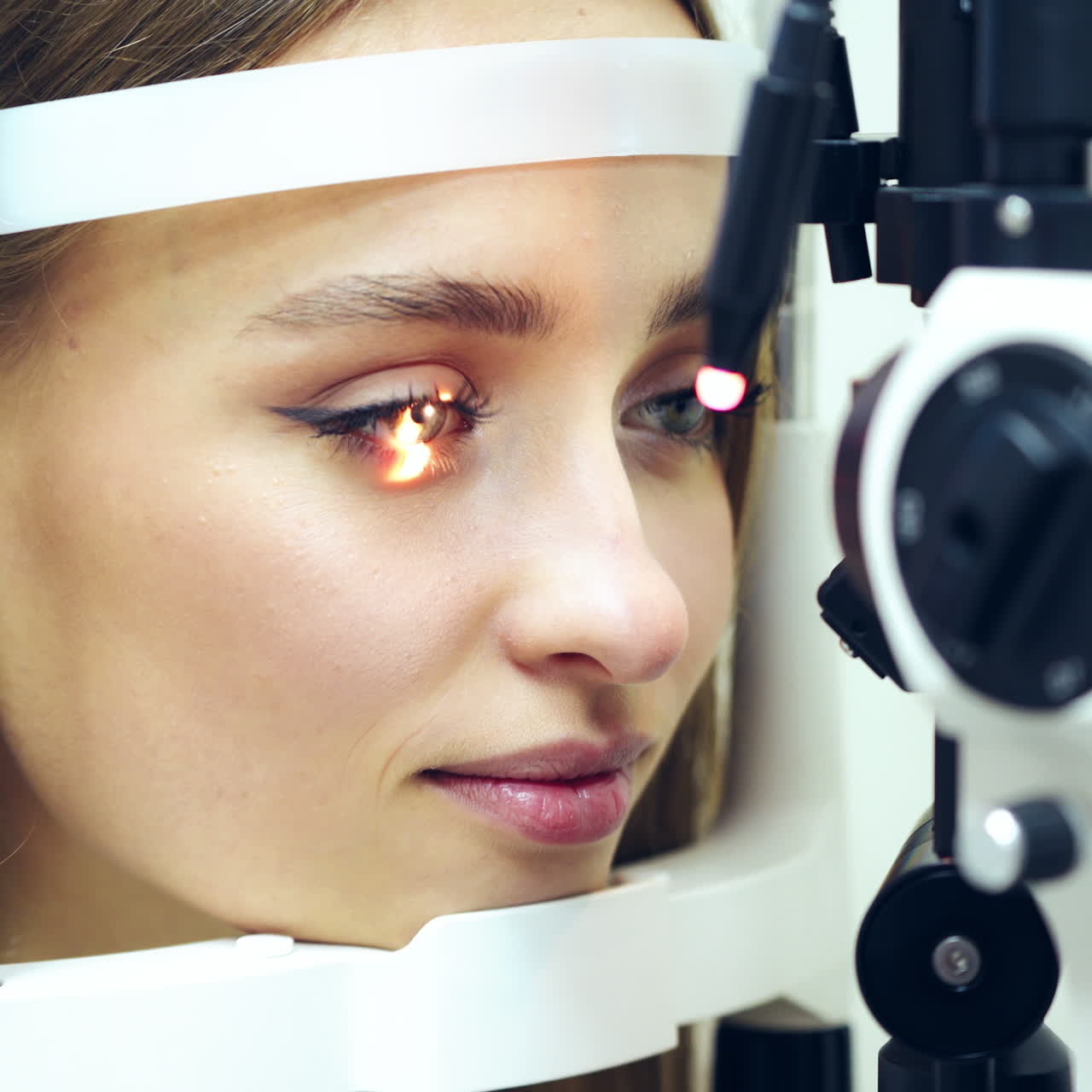Face of a young female at an ophthalmologist office. Smiling woman holds eyes open during an optical exam. Eye check up by modern microscope. Medical device laser shine inside the eye.