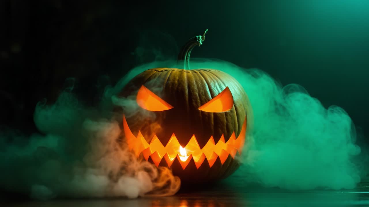 A Spooky Jack-o'-Lantern Illuminated by Flickering Light with Eerie Smoke Surrounding it, Capturing the Essence of Halloween and Creating a Haunting Atmosphere
