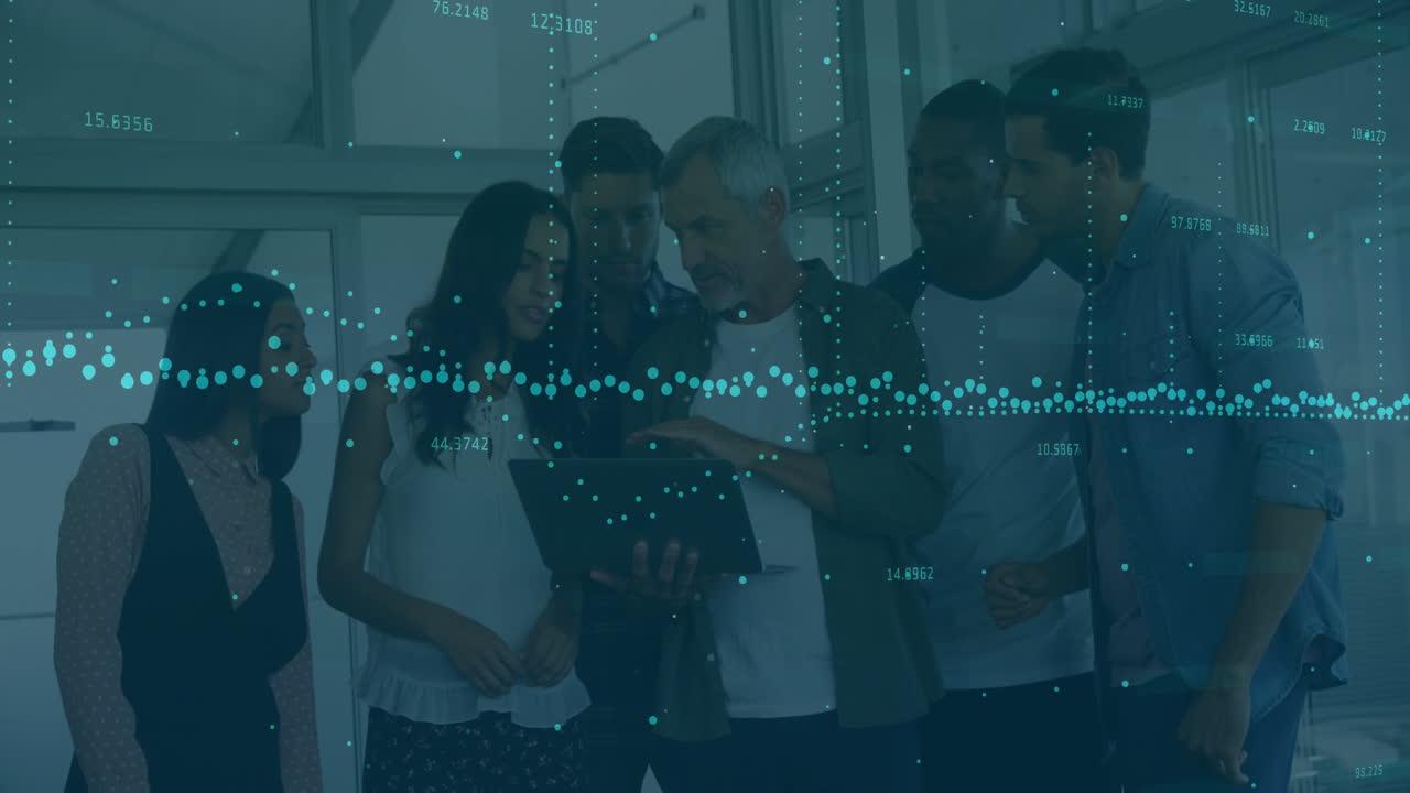 Animation of financial data processing over diverse business people in office