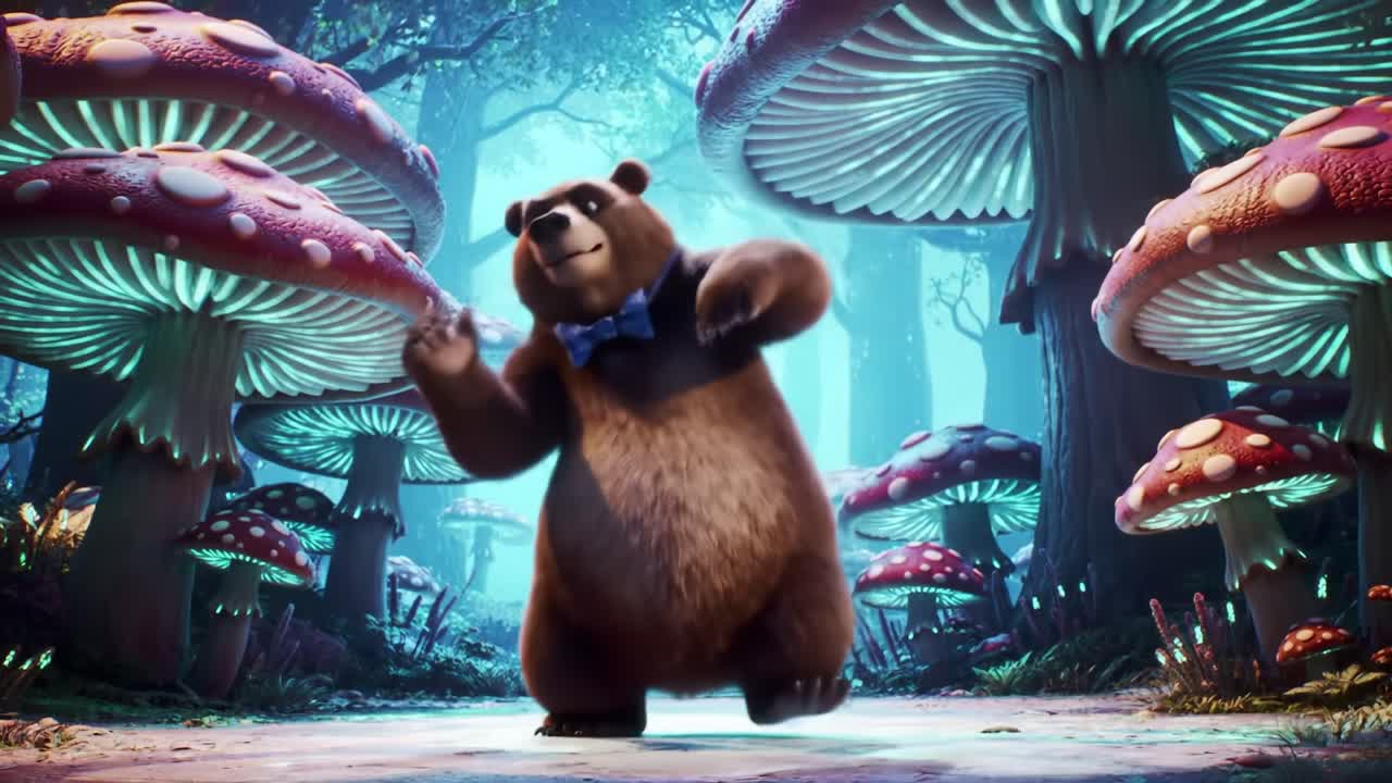 A charming animated bear, sporting a playful bow tie, joyfully dances amidst a whimsical forest filled with oversized, vibrant mushrooms, creating a magical atmosphere