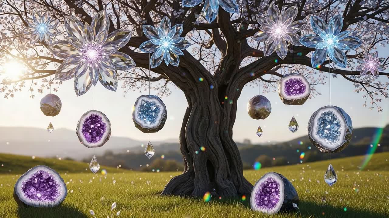 An Enchanting Crystal-Decorated Tree Sparkles Under the Sunlight, Featuring Unique Geode Shapes and Luminescent Flowers, Creating a Captivating Landscape Experience