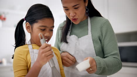mother, child and baking with flour in kitchen