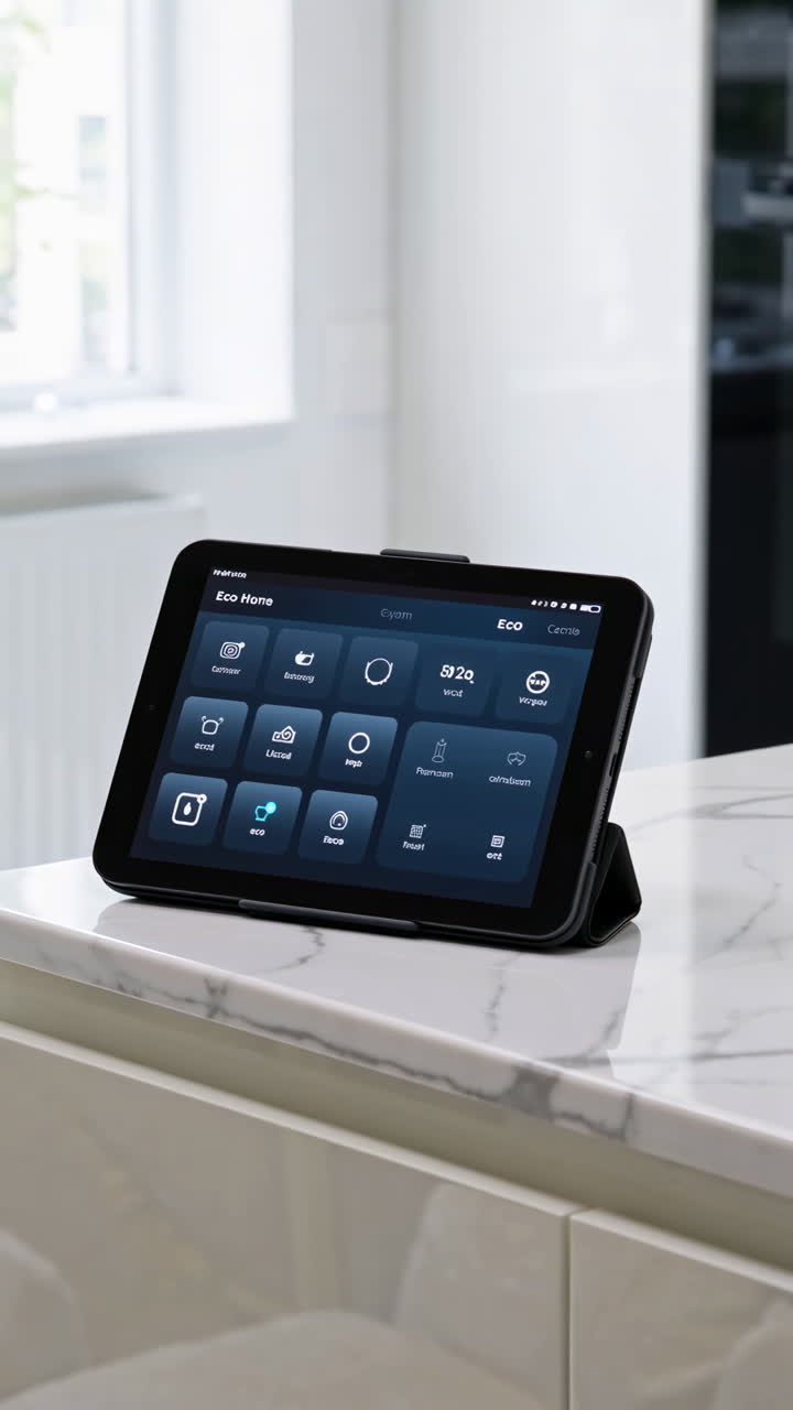 Digital Tablet for Smart Home Control on Marble Countertop