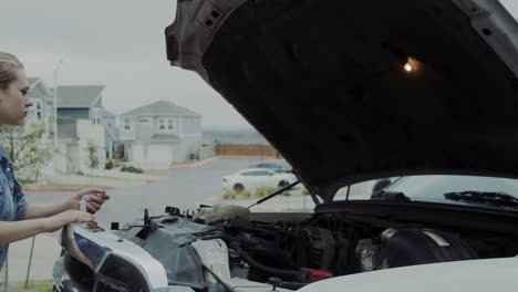 woman in early 20s checking under the hood of a truck and going under the truck to find and fix mechanical problem