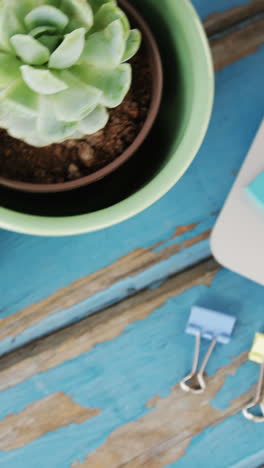computadora portátil, notas adhesivas, planta en olla, lápiz, papel arrugado y clips de encuadernación