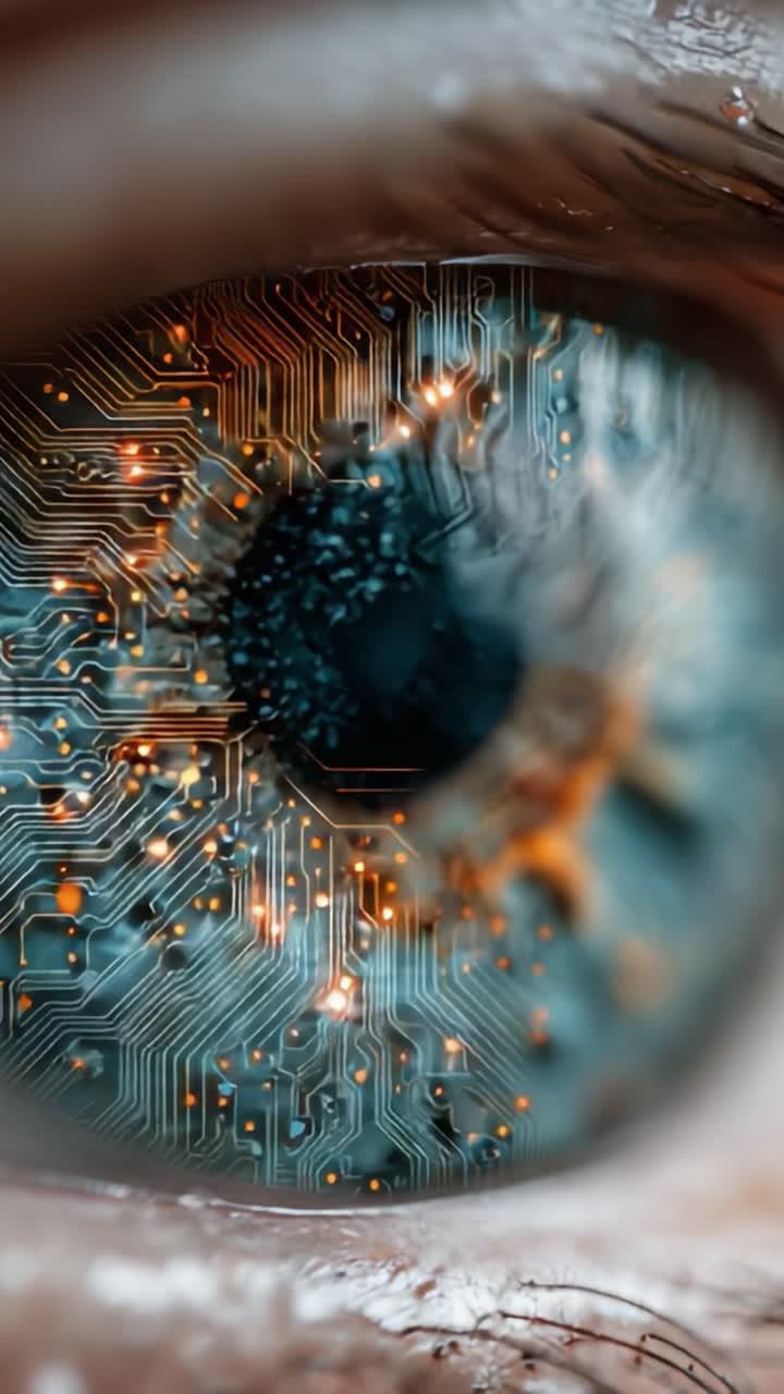 Exploring the Fusion of Technology and Humanity: An Eye with Circuitry Patterns Showcasing the Intriguing Intersection of Organic and Digital Worlds