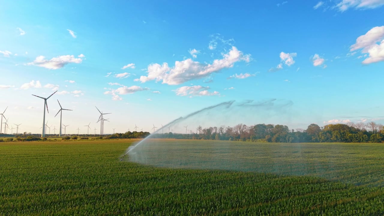 Irrigatore che irriga un campo accanto a un parco eolico. Un arco d'acqua attraversa colture verdi sotto un ampio cielo blu con nuvole bianche sparse