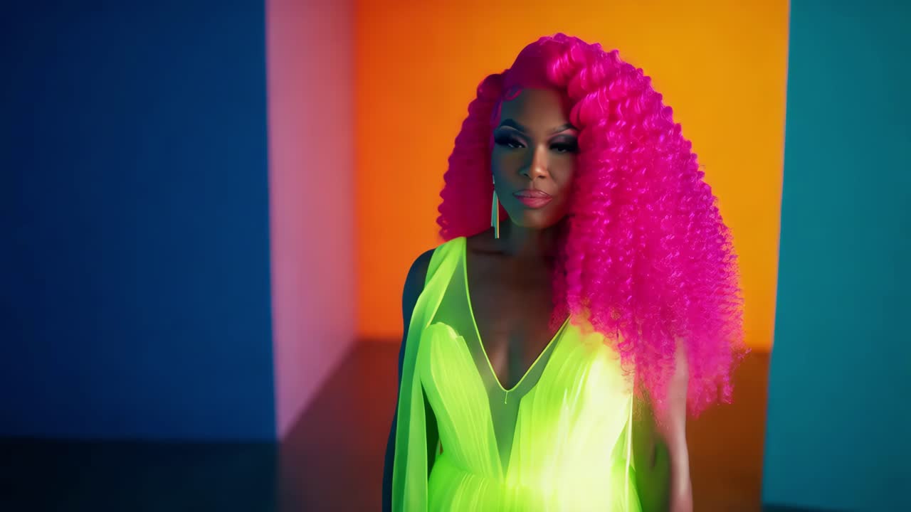 Drag Queen in Lime Green Dress and Pink Wig