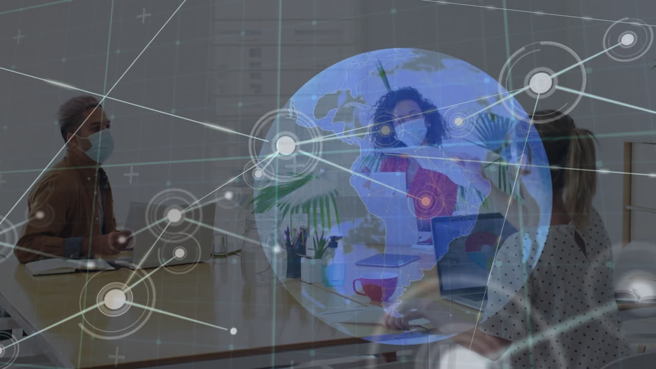 animación de la red de conexiones con el mundo a través de diversas personas de negocios con máscaras faciales
