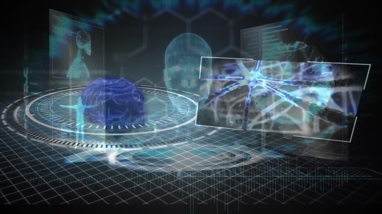 Animation of digital screens over scope scanning and digital brain