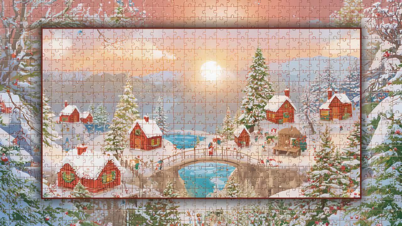 Top puzzle strips sliding away, revealing painted winter village at sunset, villagers in coats