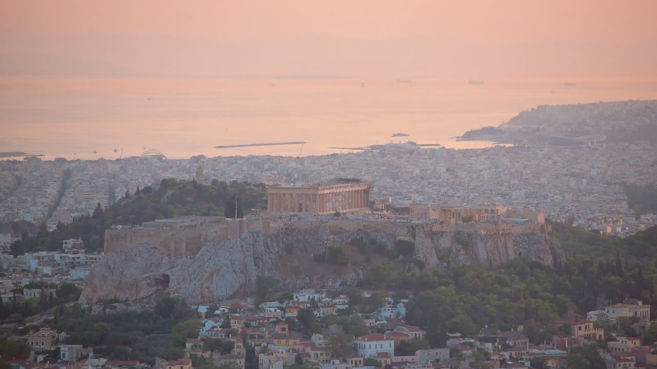 Landscape view of Athens and the Acropolis from Likavitos Hill, Attica Region, Greece, at dusk