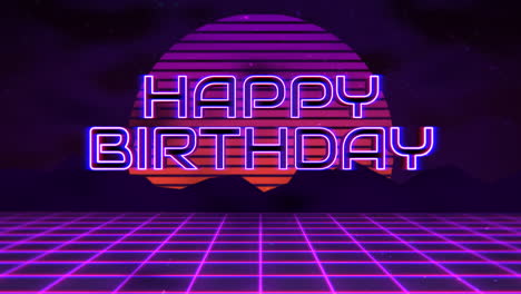 feliz cumpleaños con montaña y gran sol en la noche al estilo de los años 80