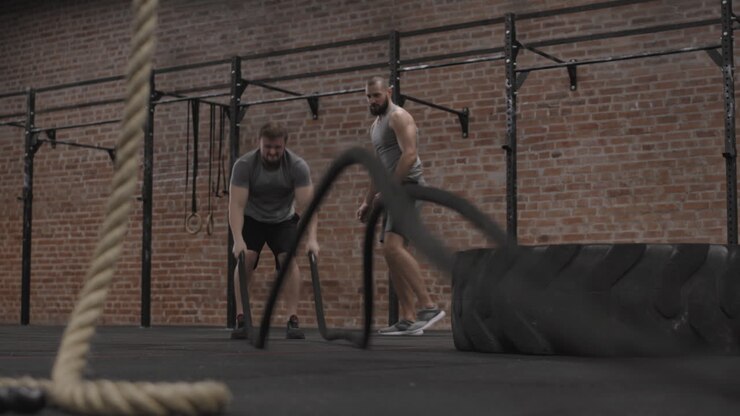 Coach Watching Man Doing Exercise with Battle Ropes