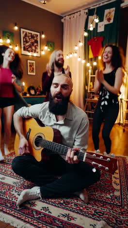 friends enjoying a lively house party with acoustic guitar music