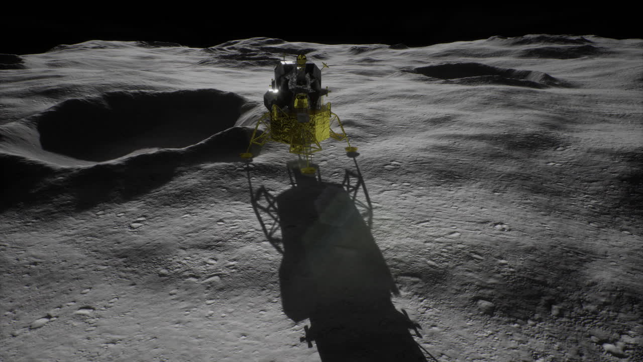 月面着陸船が夜間に月の表面を細部まで探査します。