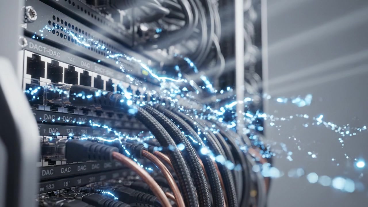 Detailed View of a High-Tech Server Rack with Network Cables and Connections Showcasing Advanced Data Processing Technology in a Modern Data Center Environment