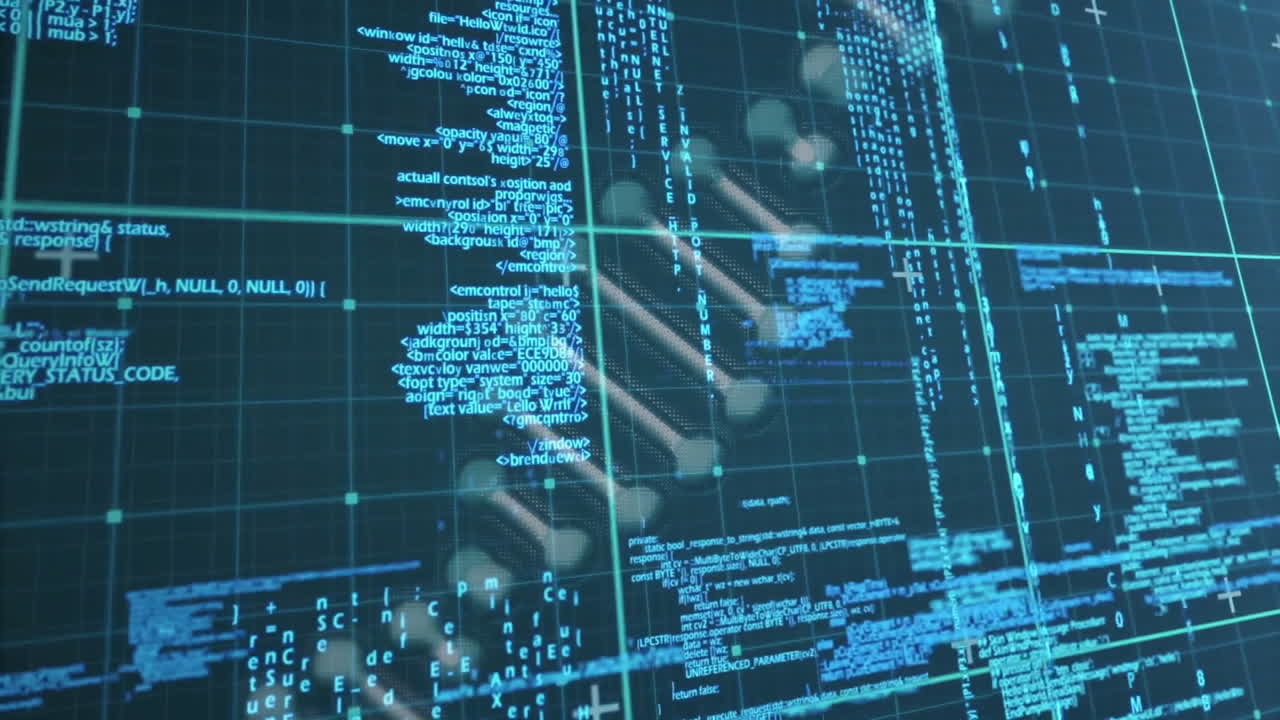 Digital code and data processing animation over abstract technological background