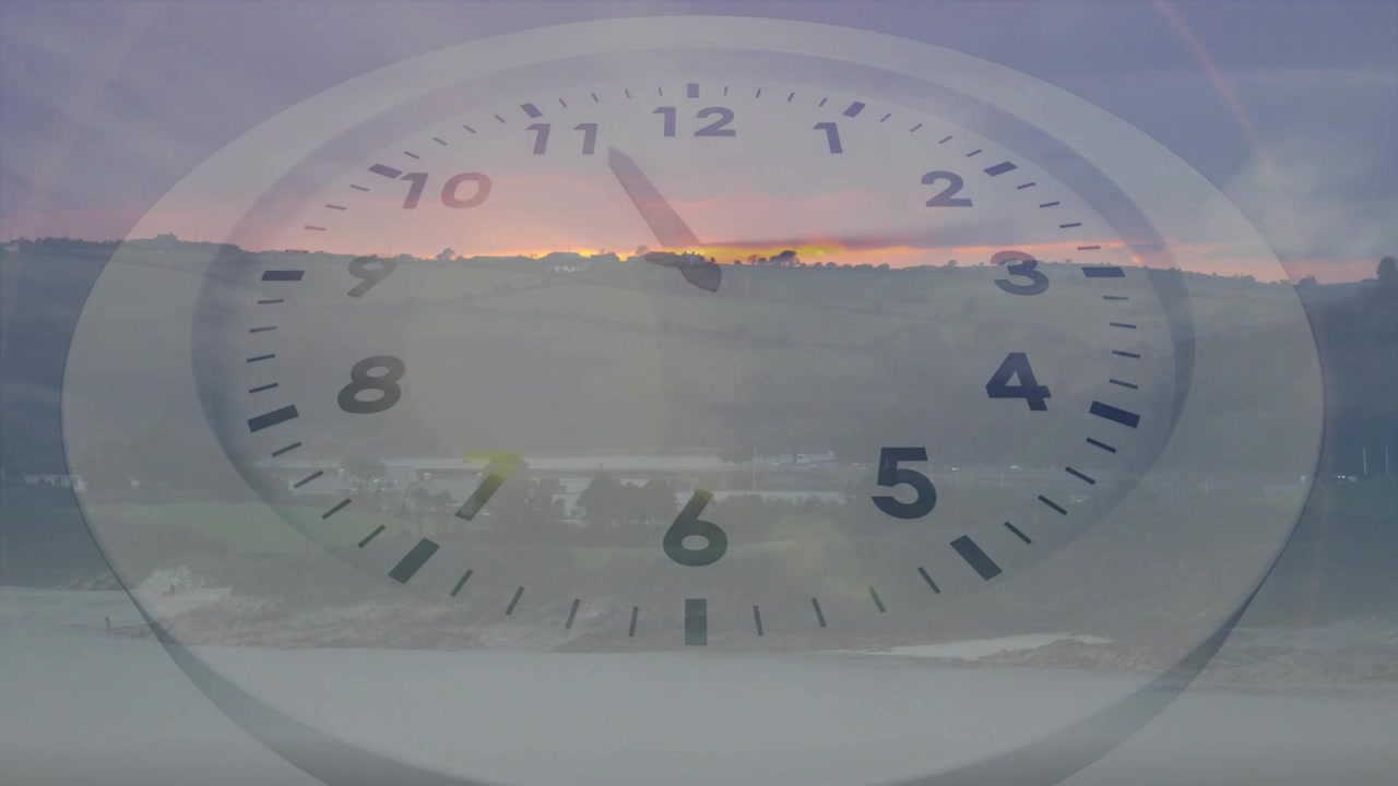 Moon fading and horizon brightening starting scene, analog clock hands rotating, showing dawn