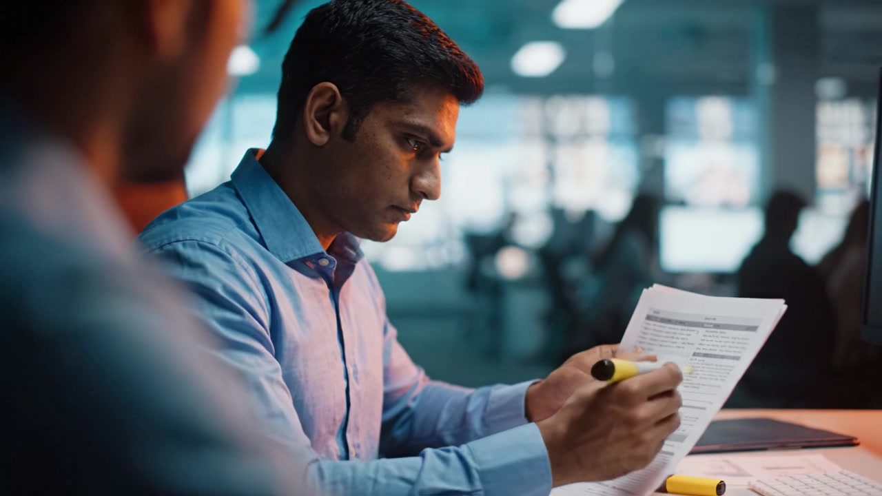 Focused Professional Reviewing Important Documents in an Office Setting, Highlighting Key Information with a Highlighter, Surrounded by Colleagues and Workstations