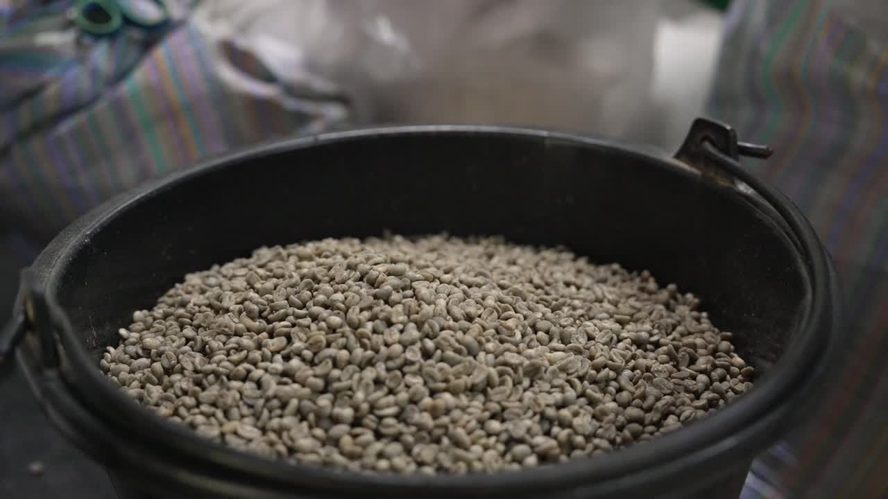 Green coffee beans pour into a bin as part of pre-roast processing