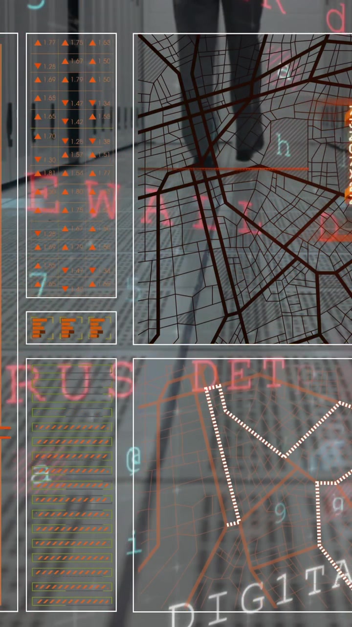 Animation of abstract patterns, texts, numbers, letters, low section of man walking in server room