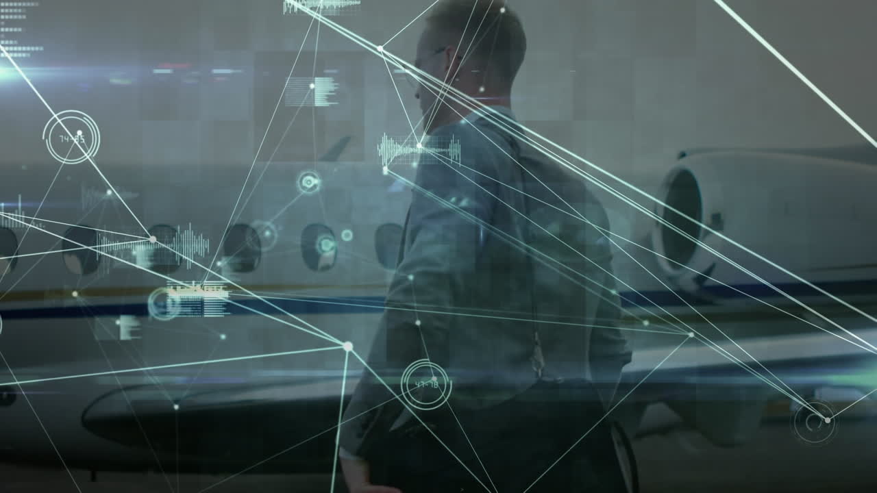 공항에서  ⁇ 고 있는 백인 사업가에 대한 연결 네트워크의 애니메이션