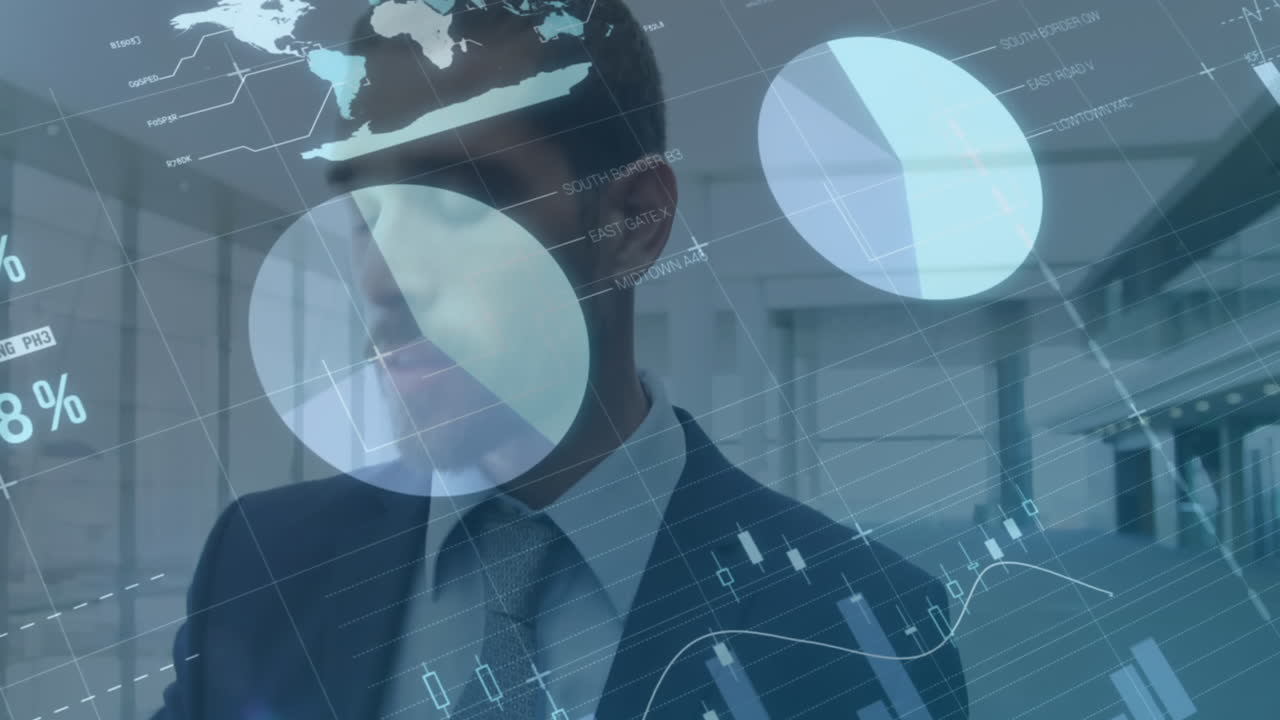 Animation of infographic interface over caucasian businessman walking with trolley bag