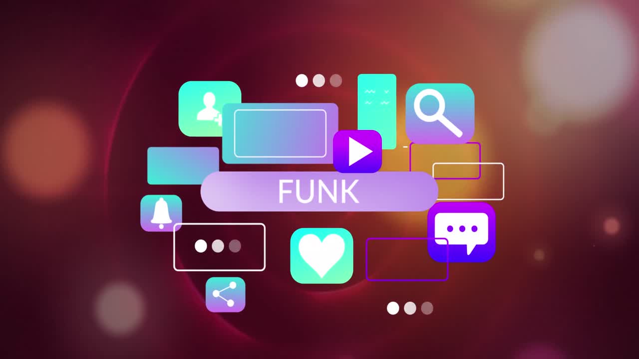 animación de texto funk en rectángulo e íconos de aplicaciones informáticas contra las llamaradas de la lente en el fondo