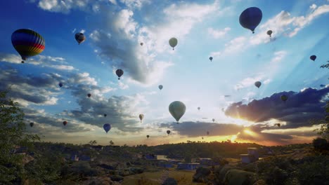 hot air balloons, slowly flying up with others over the city, sunset time