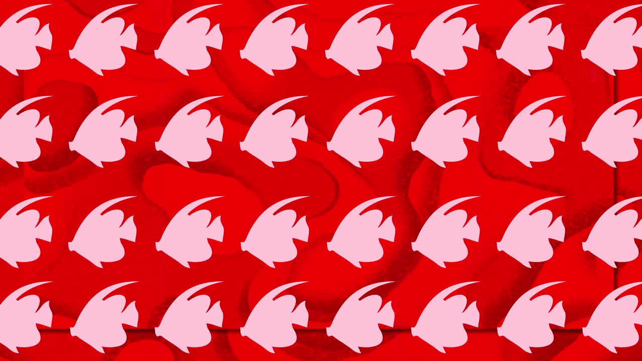 다채로운 배경 위에 여러 개의 분홍색 물고기의 애니메이션