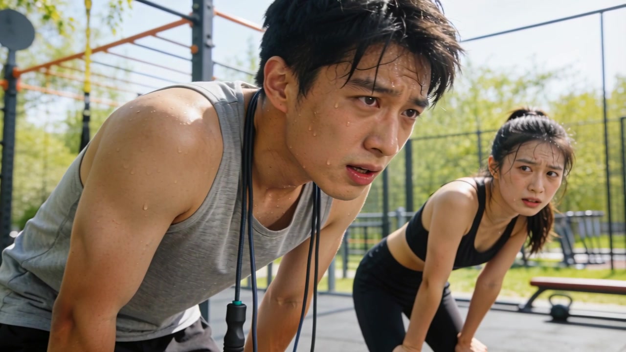 公園の運動器具のそばで、グレーのトップスと黒いレギンスを着用した2人組が、セット後に息を整えている。縄跳びがかけられており、次のセットの準備をしている。