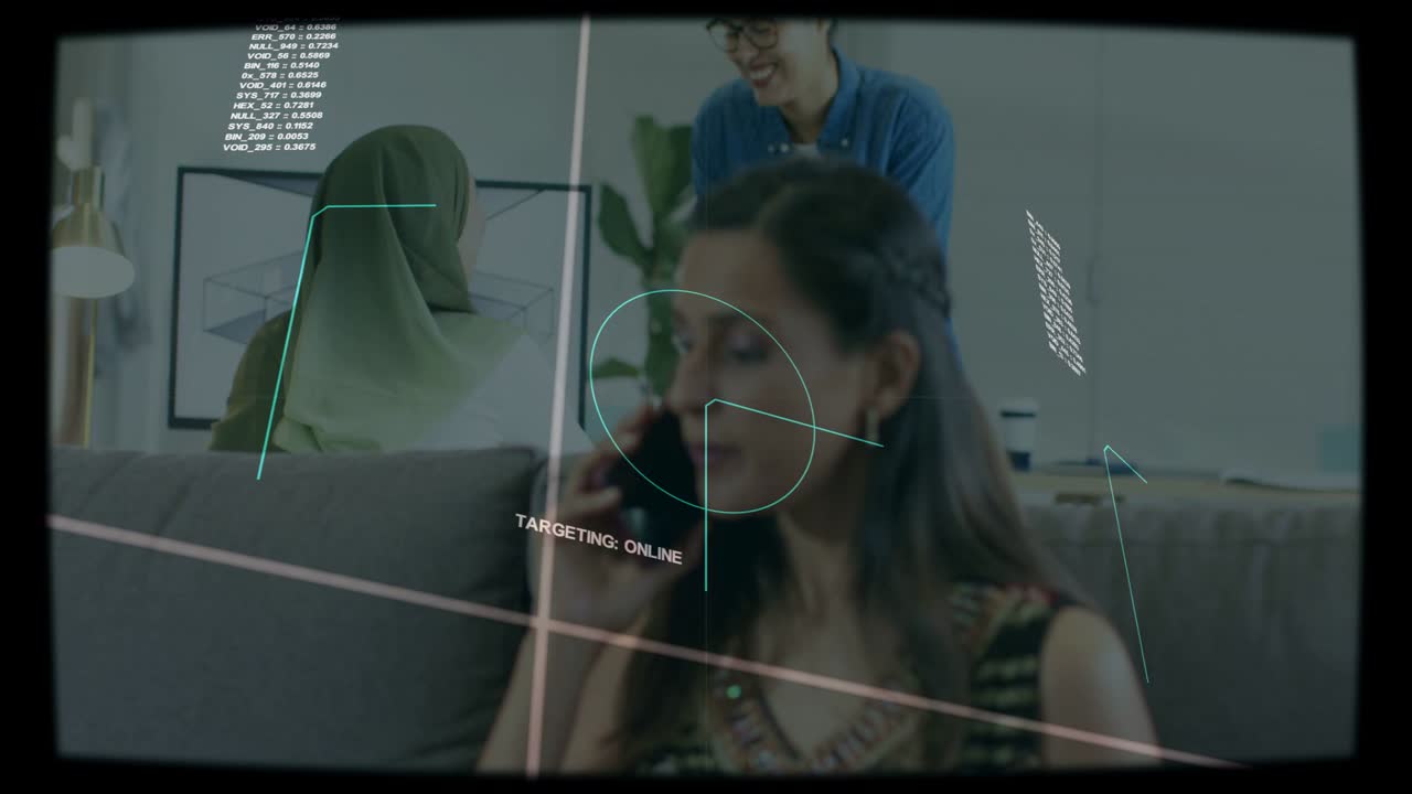 Couch woman holding phone speaking, call initiating camera panning HUD targeting face for marketing