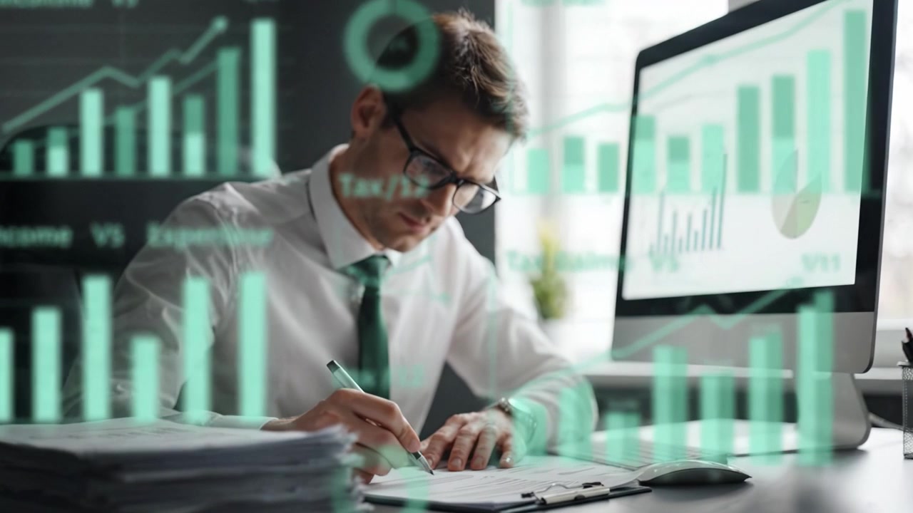 Professionista Concentrato Analizza Dati e Documenta Intuizioni in un Moderno Ambiente d'Ufficio con Computer e Grafici Finanziari sullo Sfondo