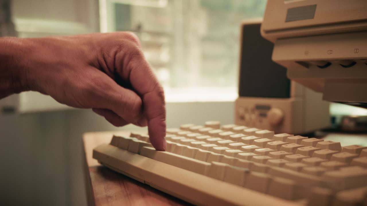 Man working and gaming on retro computer PC, IT engineer with vintage computer at home, using old fashion technology, close up of retro setup.