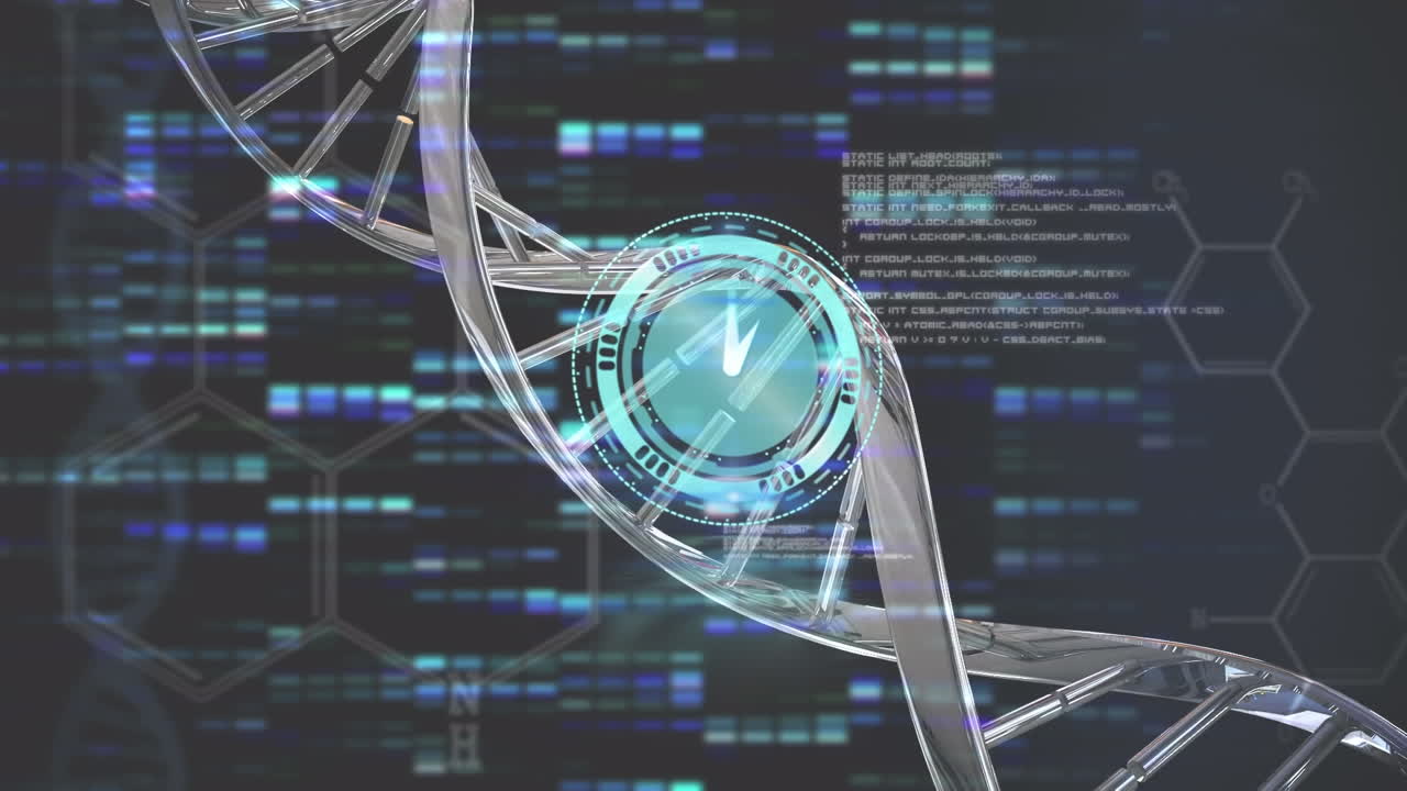 animazione dell'orologio, del filo di dna e dell'elaborazione dei dati