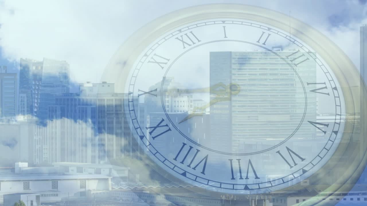 On launch minute hand advancing clockwise above skyline, clouds drifting depicting time passage