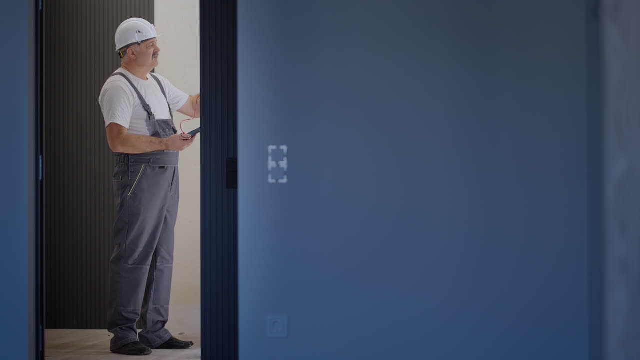 A man electrician checks the voltage in the network with a wire tester preparing to install a smart home. The work of an electrician in an apartment with modern renovation