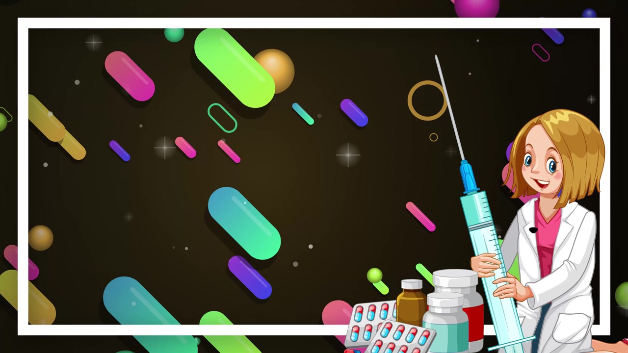 Dottoressa in stile cartone animato che tiene una grande siringa accanto a capsule fluttuanti e flaconi di medicinali