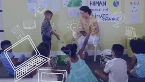 Animación-De-Iconos-De-Artículos-Escolares-Sobre-Una-Profesora-Feliz-Y-Diversa-Con-Estudiantes-En-El-Aula