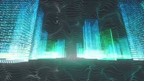 Animation-of-digital-cityscape-over-shapes-on-black-background