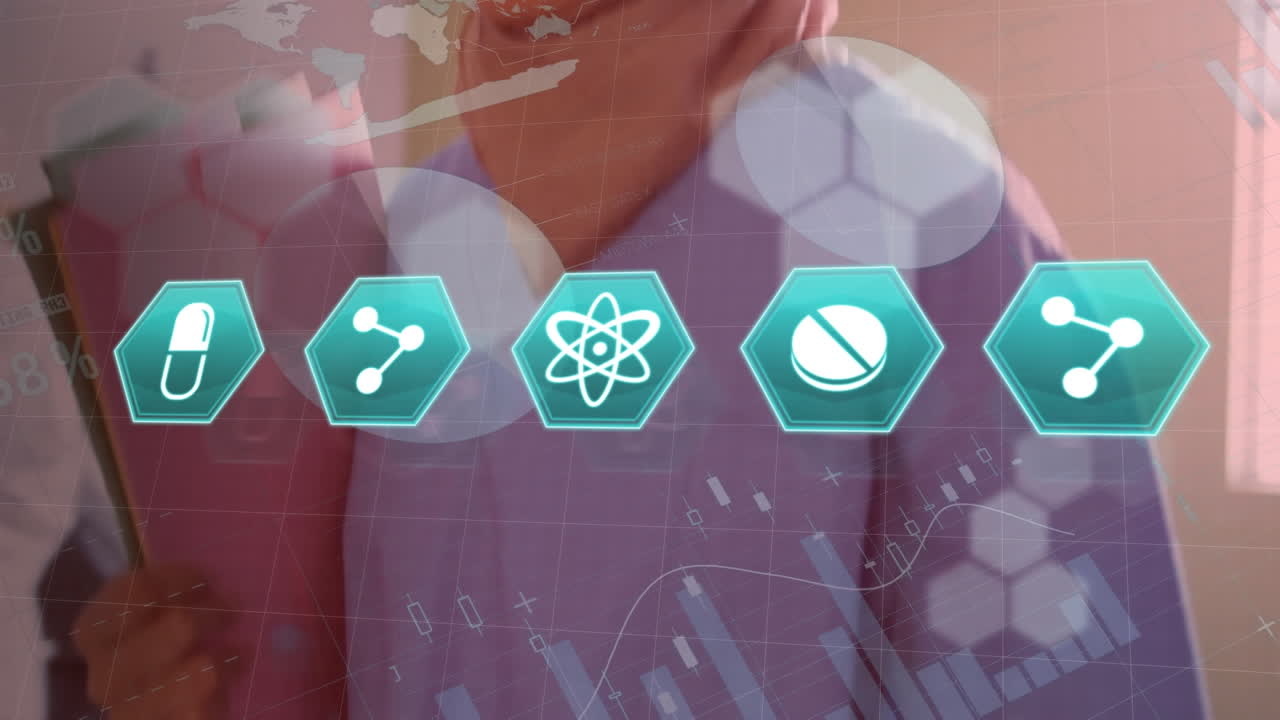 의료 보고서를 들고 있는 히자브를 입은 여성 의료 종사자에 대한 의료 아이콘과 데이터 처리